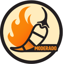 Icon of an orange chili pepper with flames behind and the word ‘MODERADO’ indicating moderate spiciness.