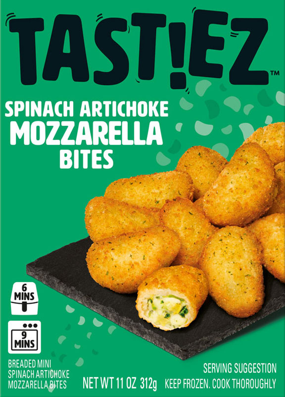 Tast!ez spinach artichoke mozzarella bites breaded and golden, displayed on a black slate serving tray with one bite cut open showing cheesy spinach and artichoke filling.