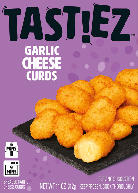 TAST!EZ garlic cheese curds on a black slate serving board with one curd cut open showing melted cheese, packaging details on cooking time and weight.