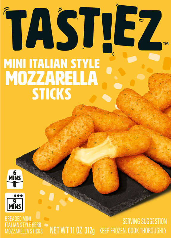 Package of Tast!Ez mini Italian style breaded mozzarella sticks with one melted stick on a black slate.