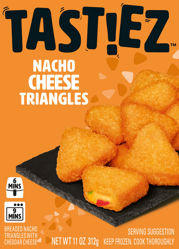 Tast!ez Nacho Cheese Triangles packaging showing breaded, triangular cheese snacks on a black tray with cooking times of 6 or 9 minutes.
