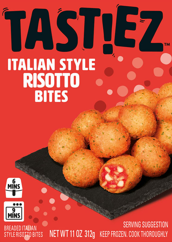 Package of Tast!ez Italian Style Risotto Bites showing breaded risotto balls on a black slate with one cut open displaying cheese and tomato filling.