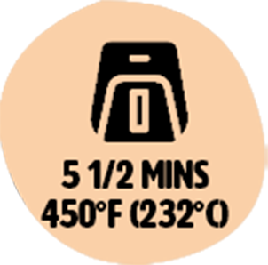 Air fryer icon with cooking time 5 1/2 minutes at 450°F (232°C).