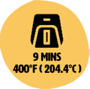 Air fryer icon with cooking instructions: 9 minutes at 400°F (204.4°C).