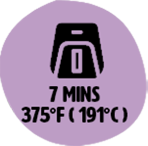 Air fryer icon with cooking instructions: 7 minutes at 375°F (191°C).