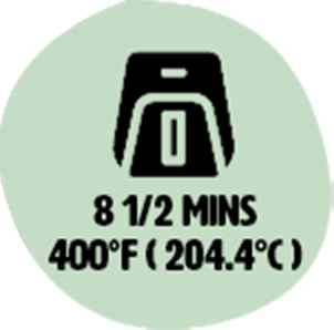 Icon of an air fryer with cooking time and temperature: 8 1/2 minutes at 400°F (204.4°C).