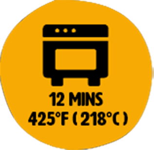 Black oven icon with text below reading 12 mins 425°F (218°C) on an orange circular background.