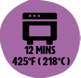 Icon of an oven with instructions to bake for 12 minutes at 425°F (218°C).
