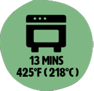 Icon of an oven with text below indicating 13 minutes at 425°F (218°C).