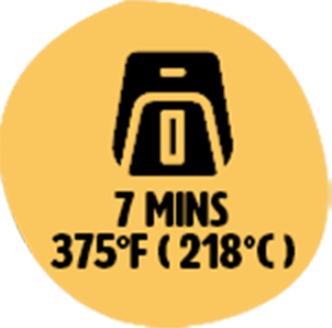Air fryer icon with cooking instructions: 7 minutes at 375°F (218°C).