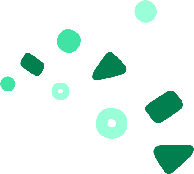 Abstract array of geometric shapes including circles, rounded rectangles, and triangles in varying shades of green on a transparent background.