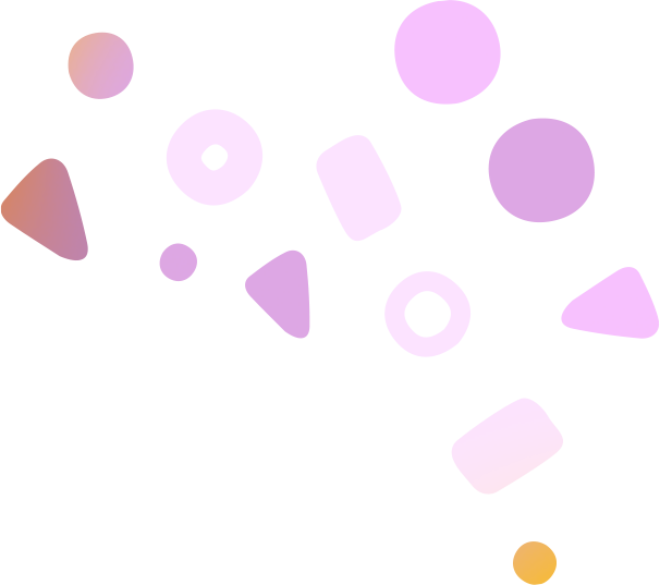 Floating pastel shapes in pink, purple, and orange including circles, rounded rectangles, and triangles on a transparent background.