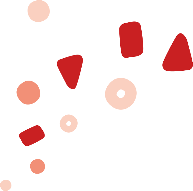 Abstract arrangement of red and peach circles, rings, triangles, and rounded rectangles on a transparent background.