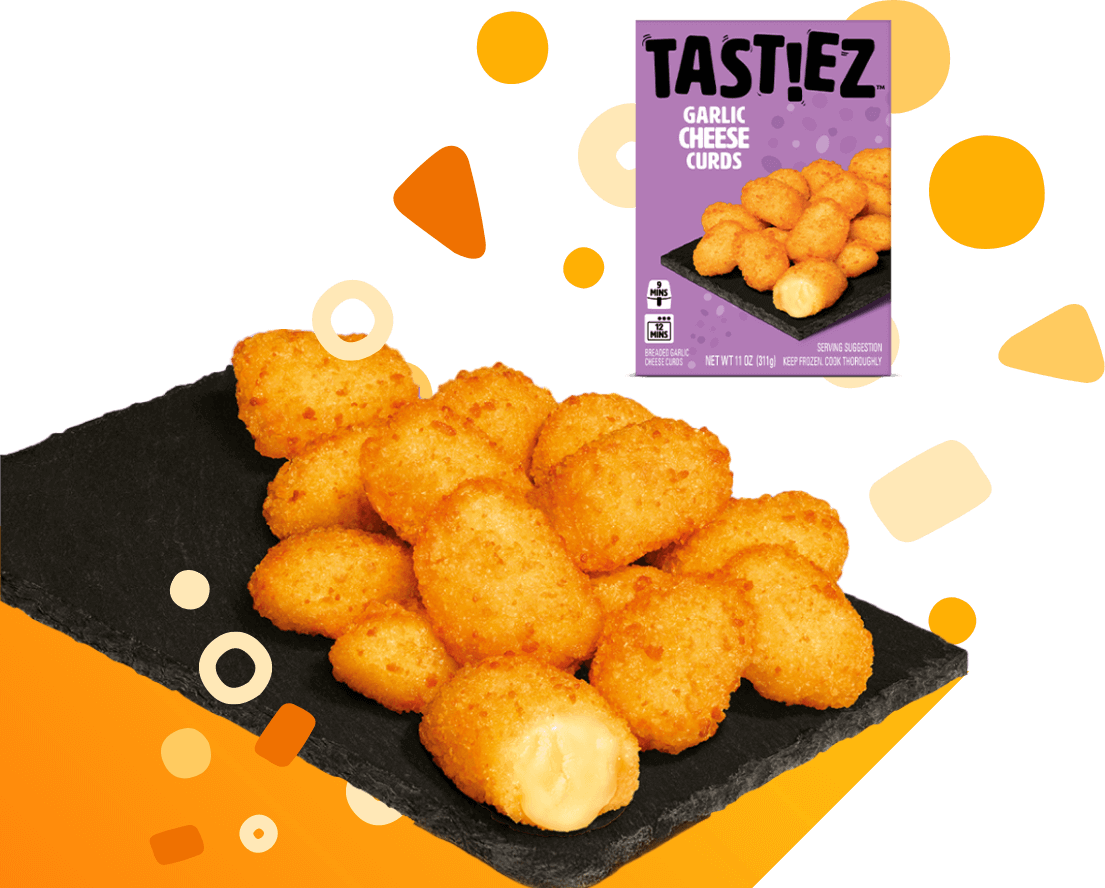 Plate of golden breaded garlic cheese curds with one curd partially cut open, alongside Tastiez Garlic Cheese Curds packaging.