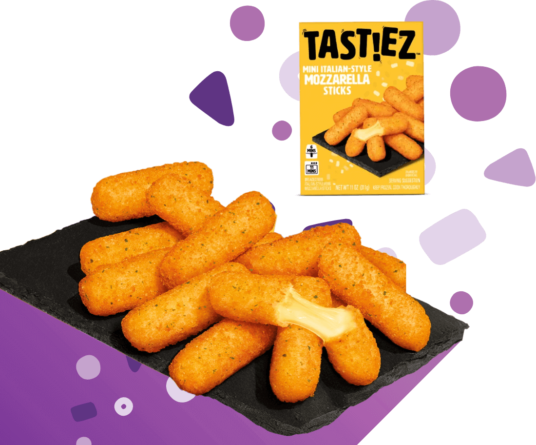 Tray of golden brown mini Italian-style mozzarella sticks with one stick pulled apart showing melted cheese, next to a yellow TAST!EZ mini mozzarella sticks box.