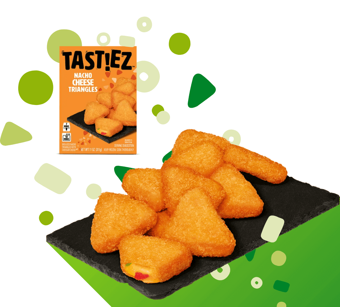 Tastiez Nacho Cheese Triangles with crispy breaded coating arranged on a black slate plate with a product box shown in the background.