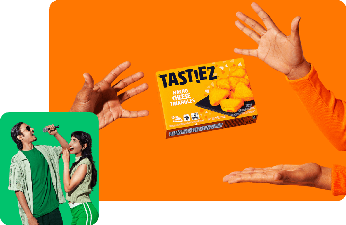 Hands presenting a box of Tastiez Nacho Cheese Triangles snacks on an orange background, with a smaller image of a man and woman singing into microphones on a green background.