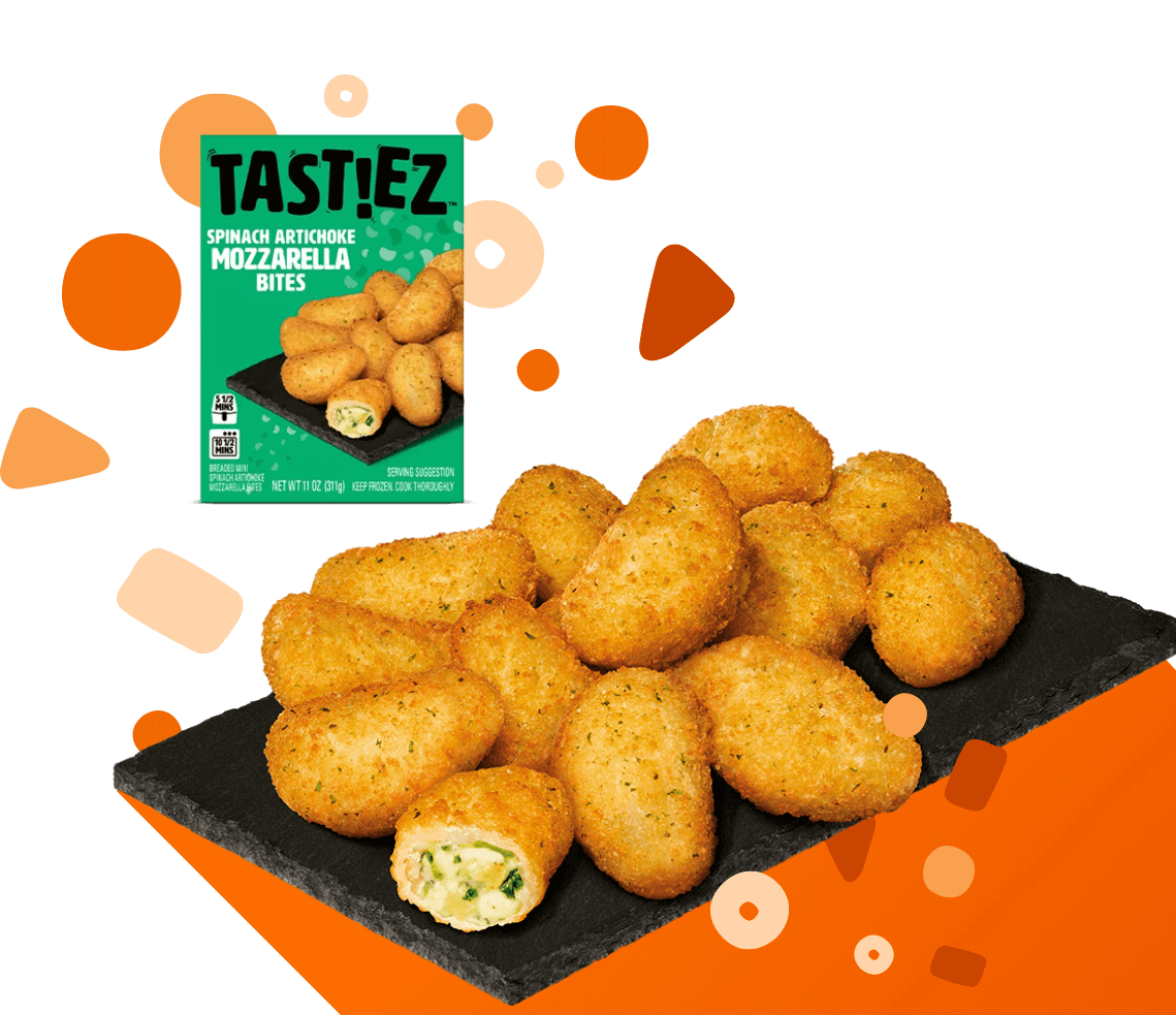 Plate of breaded spinach artichoke mozzarella bites with one cut open showing filling, and product box in background.